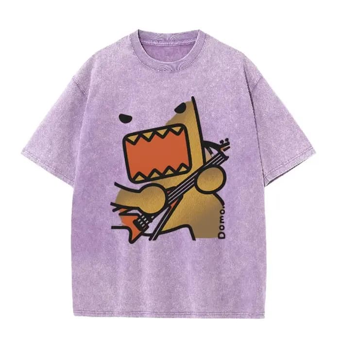 T-shirt décontracté marron délavé vintage avec imprimé graphique guitare rock Domo