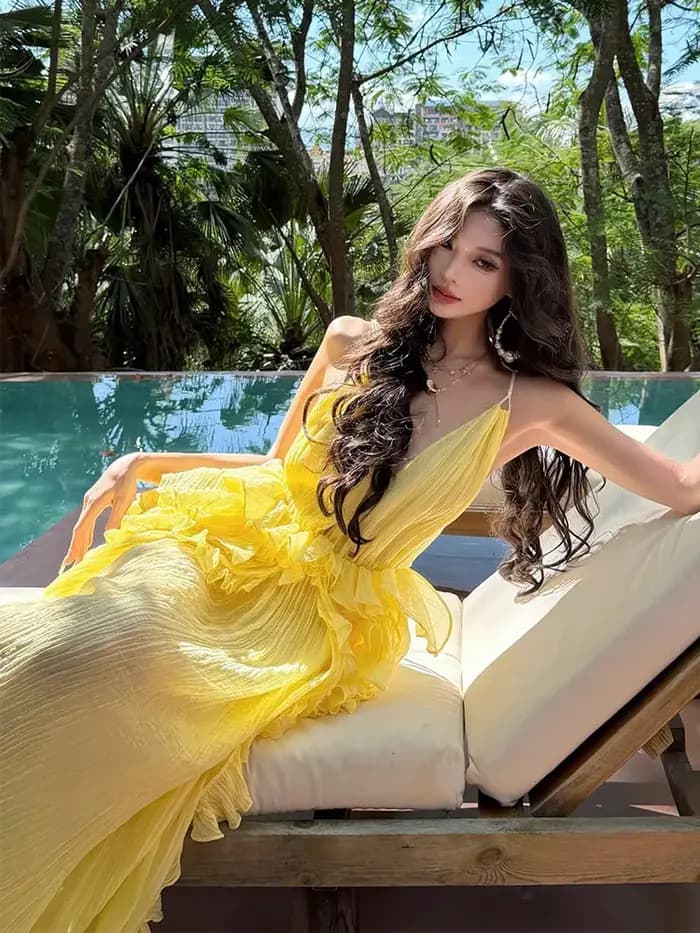Clothland – robe mi-longue jaune sexy à volants pour femmes