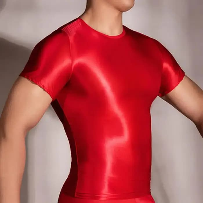 PerconsiderMen-T-shirt à manches courtes pour homme, haut à surface brillante transparente, coupe couvertes, mince, haute élasticité, col rond