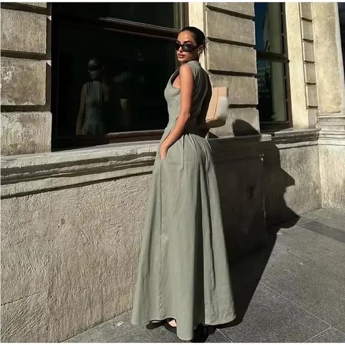 MUJER 2025 robes longues drapées pour femmes fermeture éclair sans manches robe Maxi femme vacances