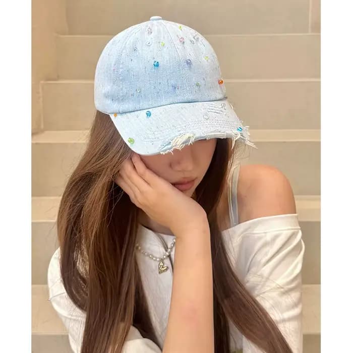 Casquette de baseball en jean déchiré pour femme ELFSACK avec perles colorées