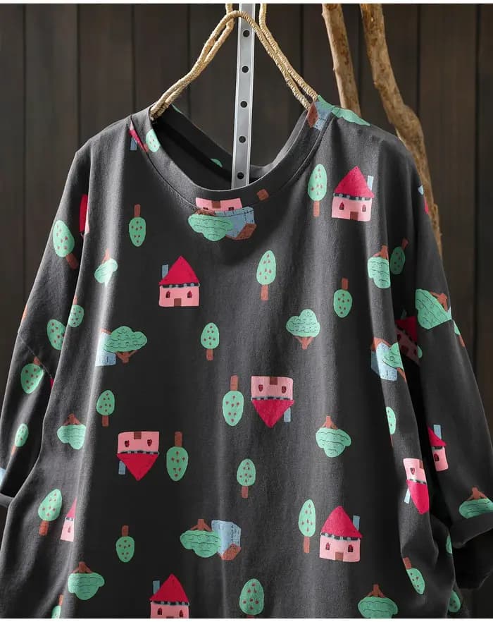 T-shirt en coton imprimé maison dans les arbres style Mori Kei vintage pour femme