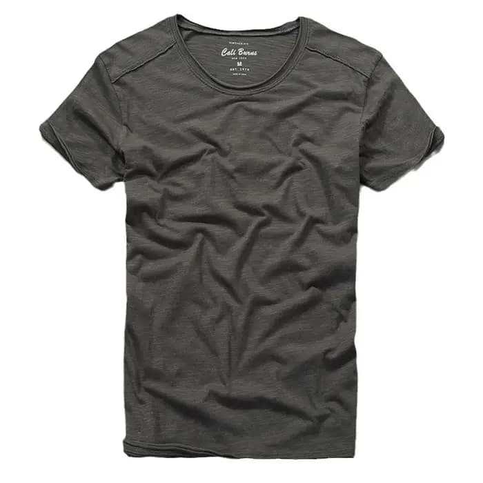 T-shirt col rond pour hommes en coton flammé en détresse mode d'été mince décontracté couleur unie col effiloché et