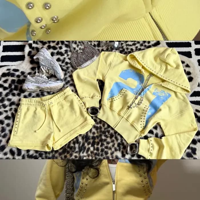 Ensemble de 2 pièces : Sweat à capuche et short de sport jaune Mellow
