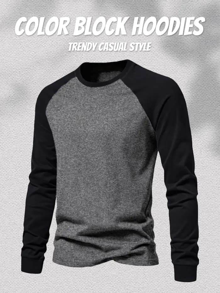 T-shirt à manches longues raglan pour homme, col rond décontracté, style baseball, avec blocs de cou