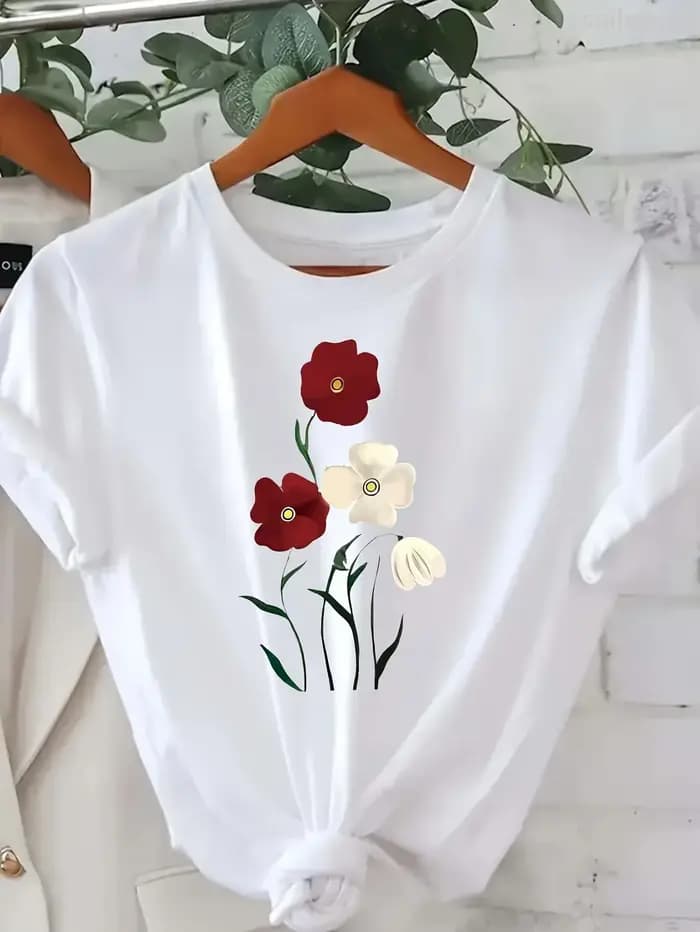T-shirt à motif de roses rouges pour femmes, confortable et décontracté, à manches courtes, col rond
