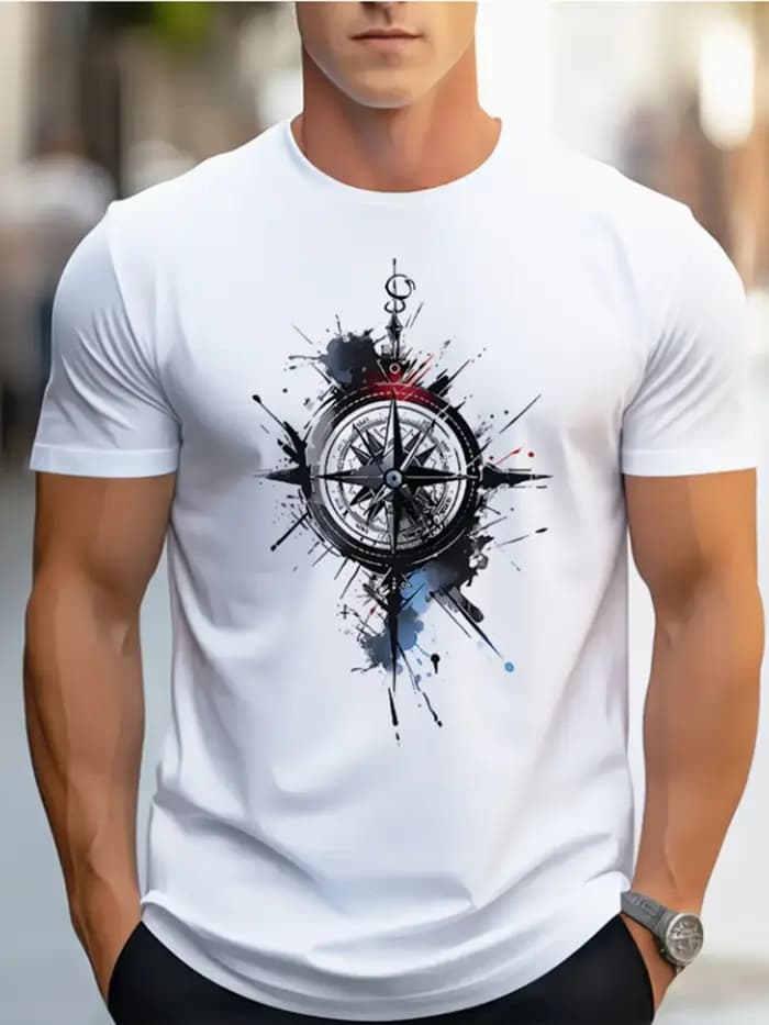 T-shirt pour homme 100% coton imprimé boussole avec rose