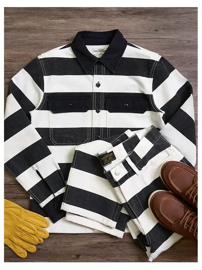 Automne nouveau américain rétro 16oz lourd prisonnier rayé veste hommes mode pur coton lavé épais to