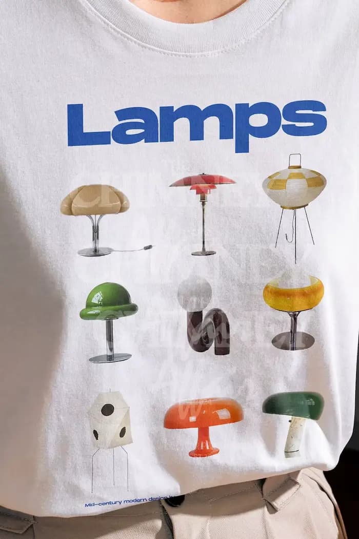 T-shirt imprimé avec lampes modernes du milieu du siècle des années 90