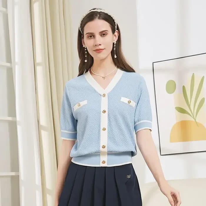 Je crois que vous femmes françaises été tricots petit parfum Style col en v à manches courtes Blouse 2025 nouvelle dame pulls 2242145814