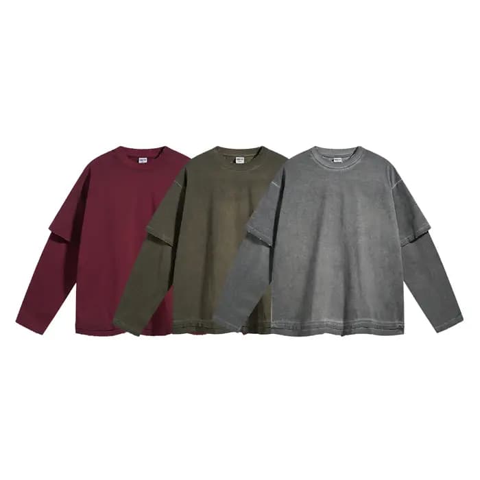 Faux deux T-shirts à manches longues sales, teints et usés