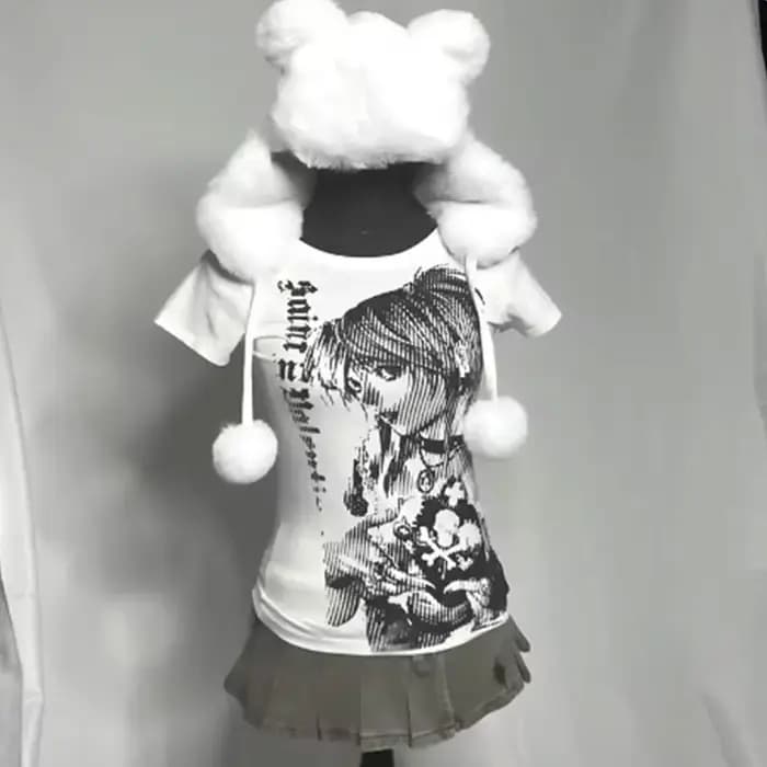 Y2k anime Streetwear col rond 90s texte impression hauts femmes Harajuku vêtements Simple Vintage T-shirt court