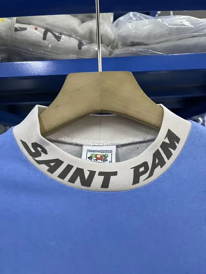 Style de course bleu SAINT à manches longues t-shirt hommes femme Vintage lavé Do Old High Street lettre impression col rond haut
