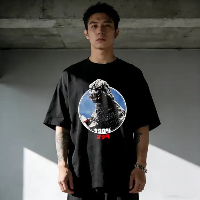 T-Shirt à manches courtes en coton imprimé Godzilla Vintage