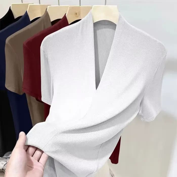 Nouveau haut à manches courtes fileté pour femmes, mode d'été, chemise de Base polyvalente, grande taille, coupe cintrée, col en v, T-shirt décontracté et Sexy