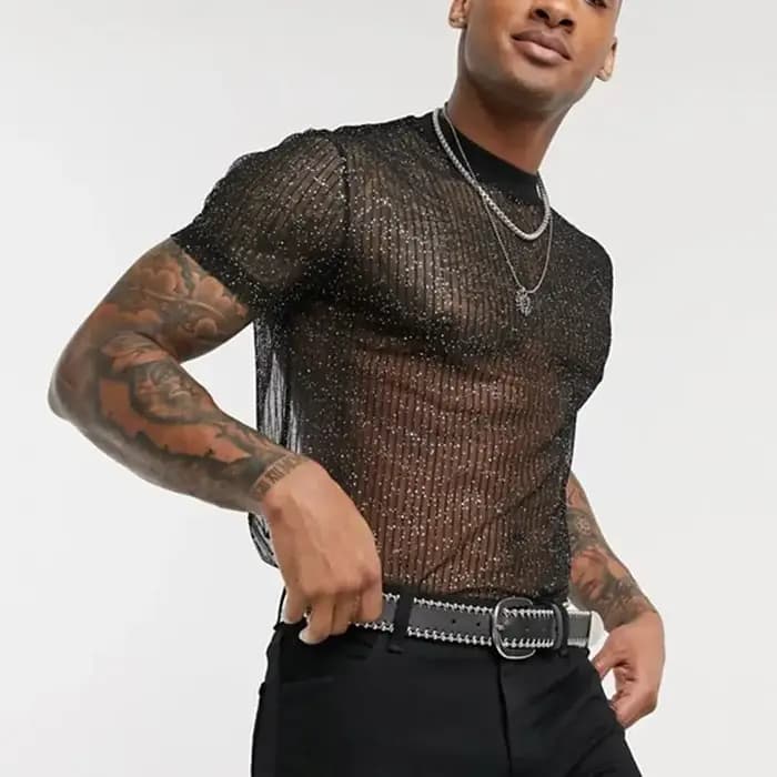 T-shirt en maille à manches courtes pour hommes, coupe cintrée, brillant, Sexy, transparent, fête, b