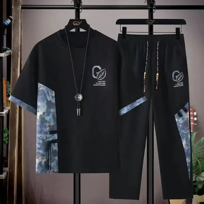 Hommes T-shirts pantalons décontractés 2 pièces ensemble nouveau automne surdimensionné noir survêtement M-8XL