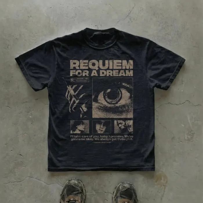 T-shirt graphique vintage 'Requiem for A Dream' avec affiche noire, esthétique culte, cinéma psychol