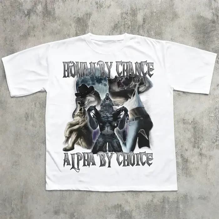 T-shirt drôle et ironique « Human By Chance Alpha By Choice » avec loup déchirant