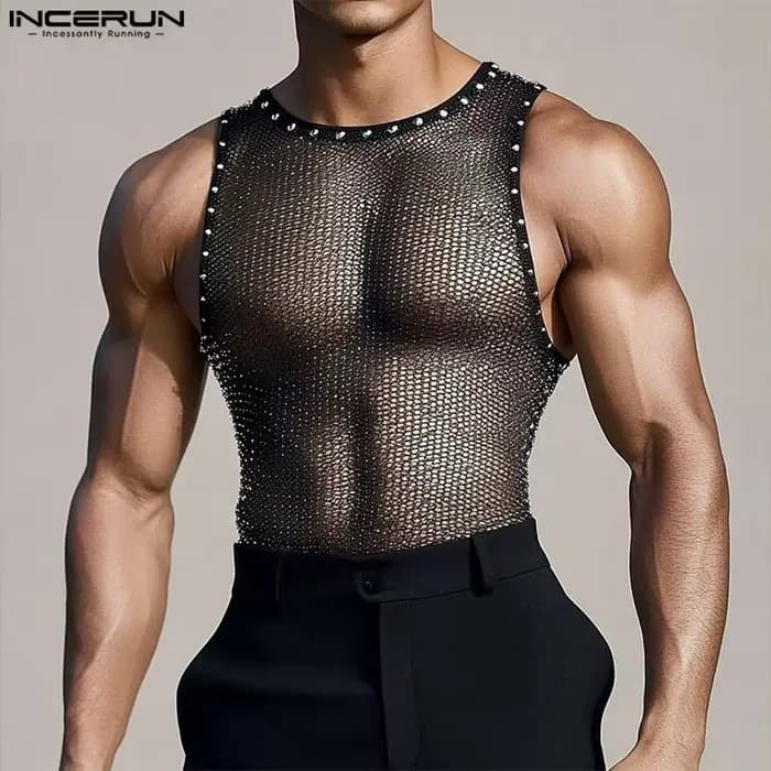 2025 INCERUN hauts Sexy été sans manches maille transparent débardeurs Streetwear surdimensionné t-shirt vêtements pour hommes