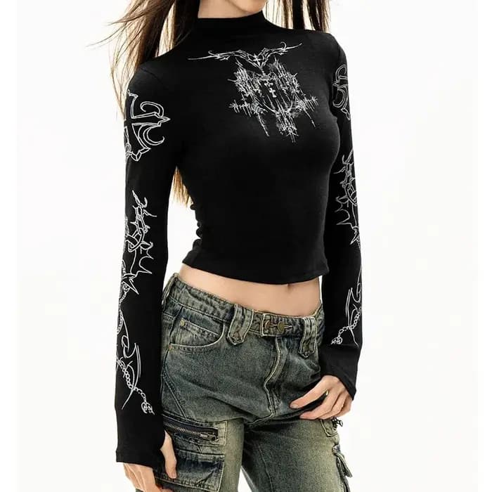 Grunge femmes T-Shirt Y2k esthétique col mi-haut t-shirts imprimé graphique à manches longues hauts transparents Punk Alternative culture hauts EMO