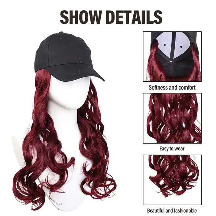 Casquette de cheveux ondulés bordeaux – Fibre synthétique