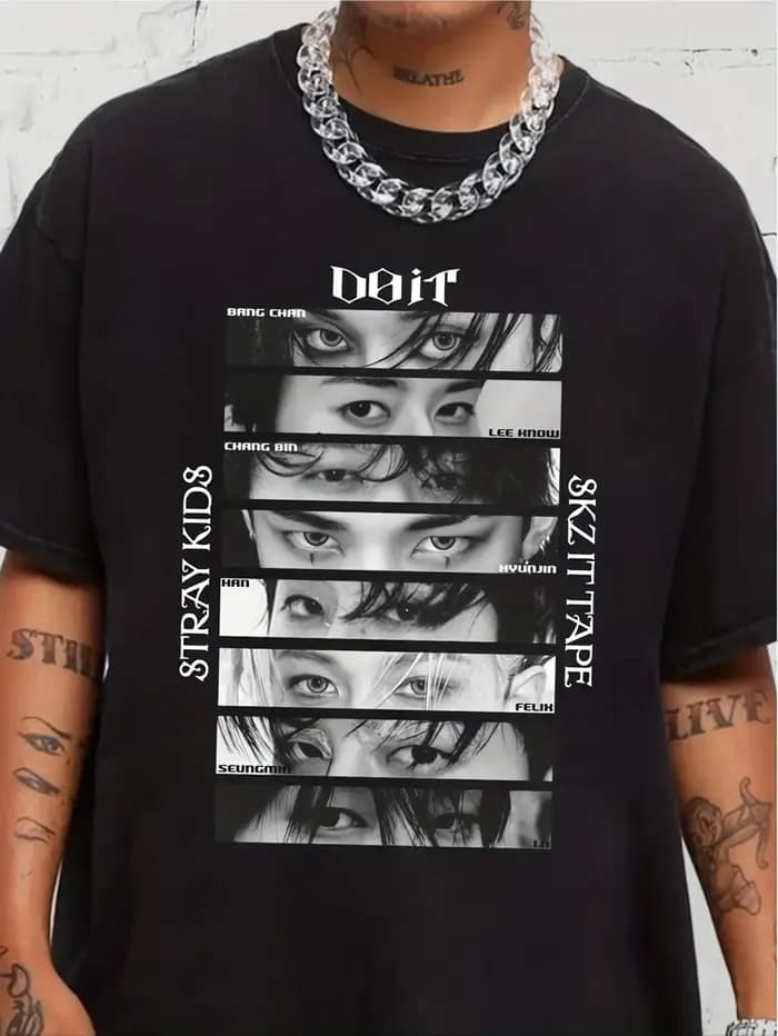 T-shirt de style rétro Stray World avec motif SKZ It Tap DomiATE, adapté à toutes les saisons, col r