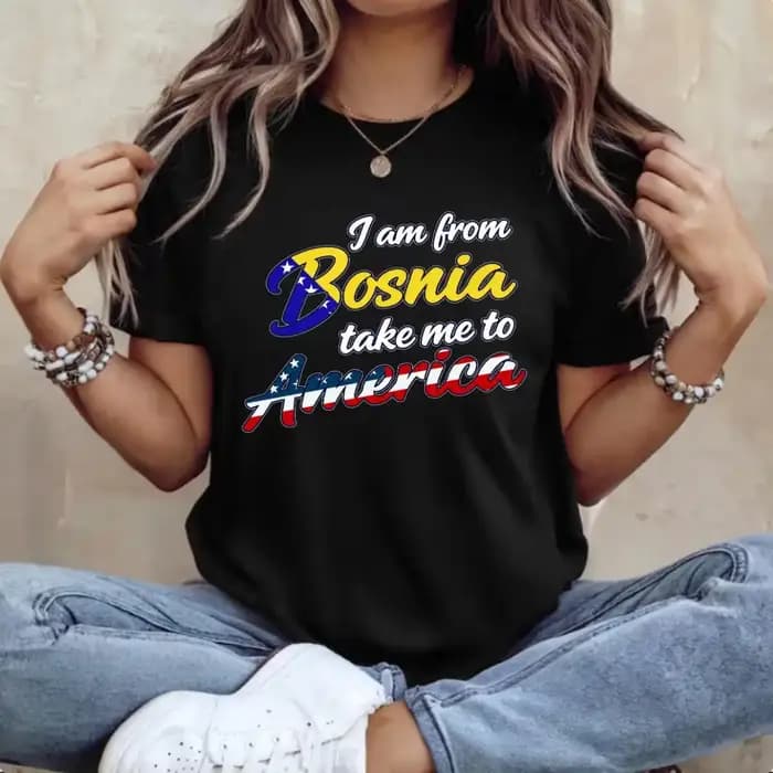 T-shirt unisexe humoristique « Je suis de Bosnie, emmenez-moi en Amérique » – Blague bosnienne amusa