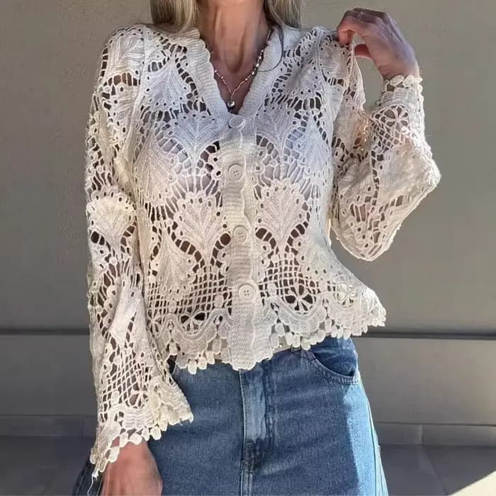 Nouveau T-shirt en crochet tricoté ajouré à col en V et simple boutonnage pour femme 2026