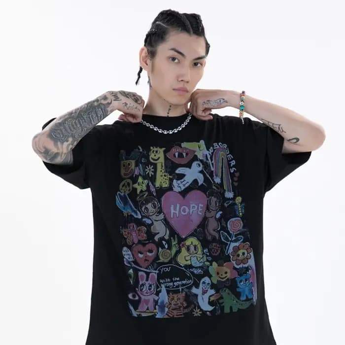 Hommes T-Shirt surdimensionné Hip Hop Streetwear peinture lettre coeur arc-en-ciel anges graphique