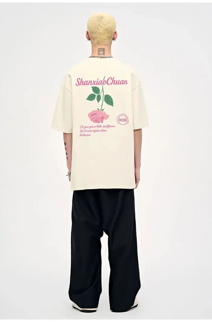 T-shirt rétro à manches courtes avec motif rose et style américain, coupe ample et épaisse pour hommes et femmes, tee-shirt d'été pour couple