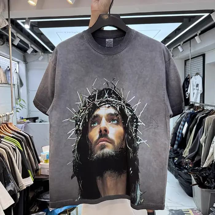 Tie dye pour vintage épine jésus imprimé T-shirt hommes femmes