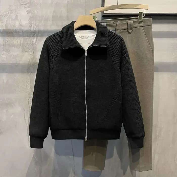 Vêtements pour hommes veste zippée pull en tricot homme fermeture éclair plaine vert couleur unie Cardigan avec poches manteau 2025 tendance coupe ample V