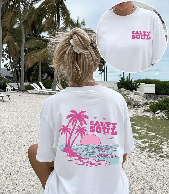 T-shirt graphique Salty Soul tendance, motif palmier de plage, hauts d'été pour femme, imprimé au do