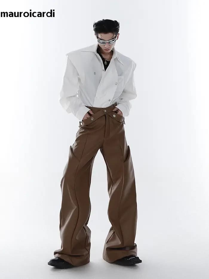Mauroicardi printemps automne longue ample décontracté marron noir Pu cuir pantalon hommes de luxe v