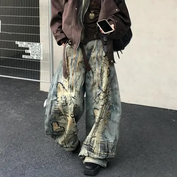 Pantalon en Denim brodé de Style American Street Destruction, surdimensionné, rétro, lavage, personn