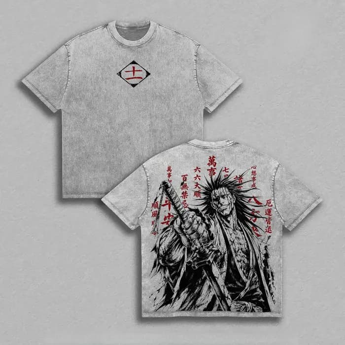 T-shirt Anime BLEACH Zaraki Kenpachi Vintage Délavé Streetwear Été Manches Courtes Coton Ample Hauts Hommes Femmes Vêtements