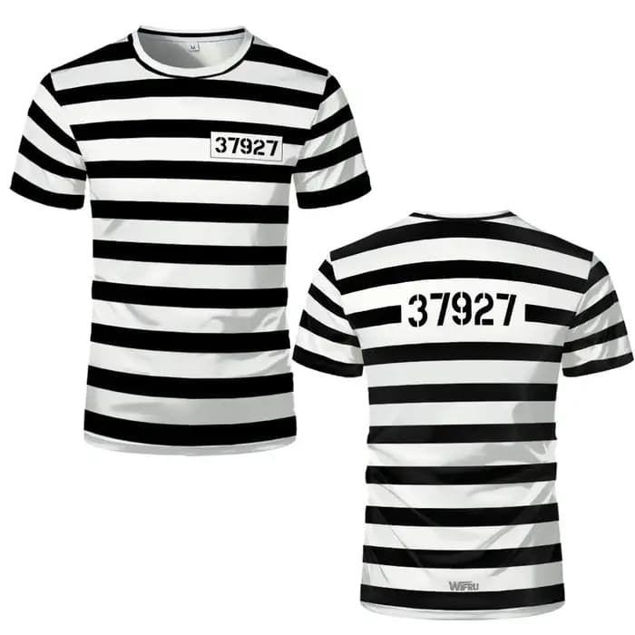 Abstract Prison uniforme style rayé imprimé T-shirt drôle jeu de rôle à manches courtes haut unisex humoristique personnalisé vêtements de rue