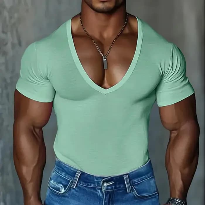 Vintage col en V t-shirts pour hommes été à la mode coupe ajustée Stretch à manches courtes T-shirt hommes quotidien décontracté couleur unie respirant T-shirt