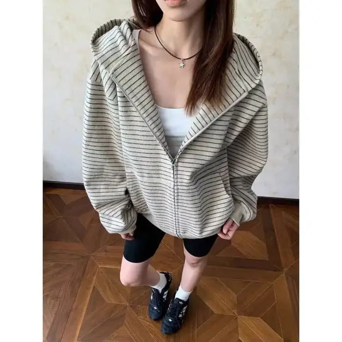 Sweat-shirt à capuche style américain rétro pour femme, coupe ample, rayé, color block, cardigan ouv