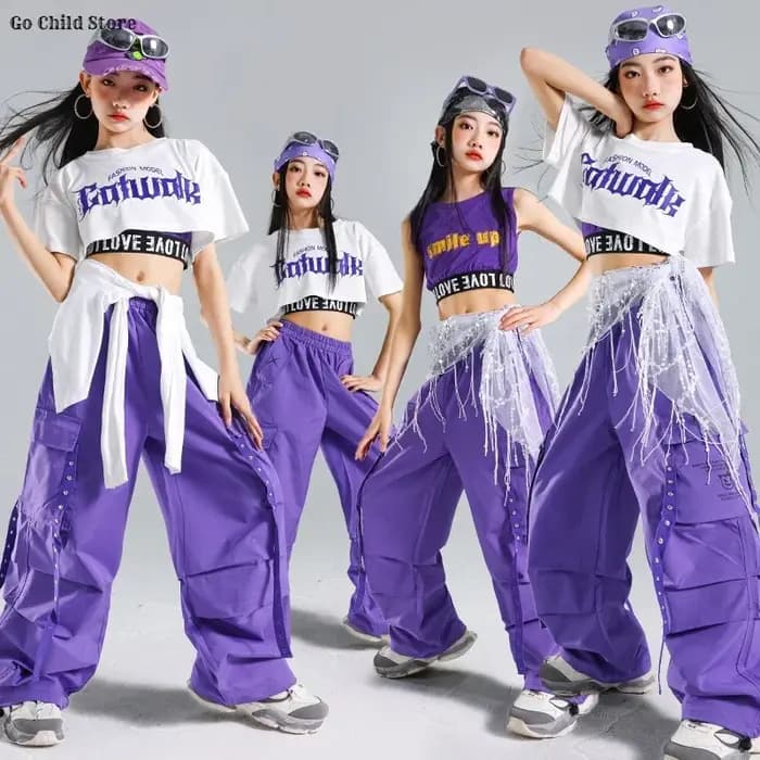 Hip Hop filles doux haut court violet Cargo pantalon enfants K-pop fille groupe rue danse vêtements ensembles