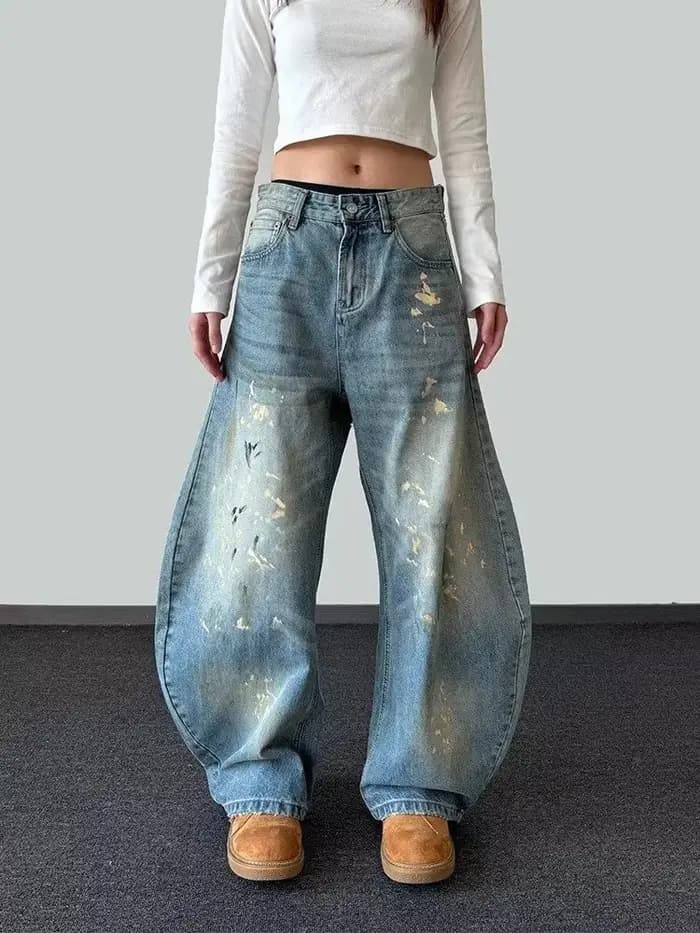 2025 Ropa Y2K mode peinture à l'encre Vintage bleu Baggy jean pantalon pour femmes vêtements vieille