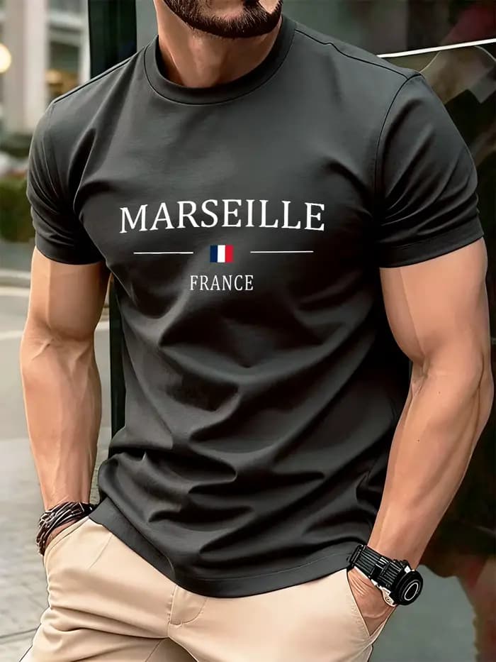 Marseille France drapeau impression coton T-Shirts hommes été surdimensionné col rond t-shirt à manches courtes doux hauts vêtements masculins de base