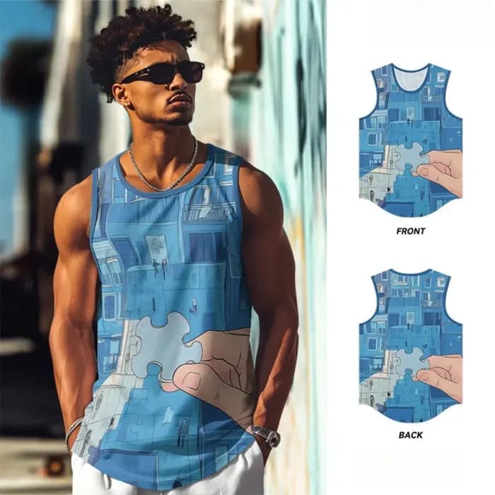 Hommes gilets tranquille bleu paysage urbain débardeur respirant été maillots de bain ample à la mode rue