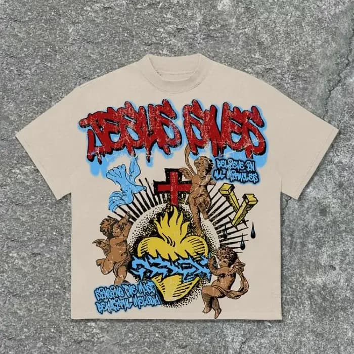 Vintage jésus sauve ange imprimé graphique coton T-Shirt hommes Y2K été manches courtes décontracté surdimensionné
