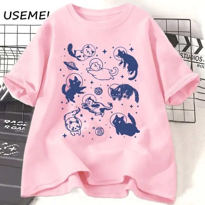 T-shirt imprimé chats dans l'espace pour femmes et hommes