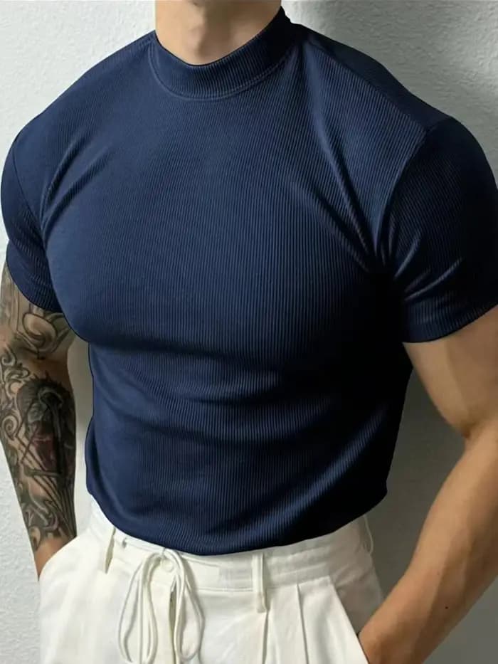 Nouveau T-shirt homme tendance 2026 – Haut de sport à col montant rayé