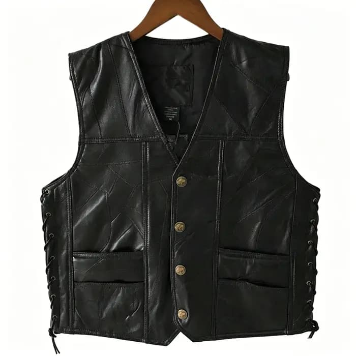 Gilet de motard en similicuir noir réglable avec lacets latéraux pour homme