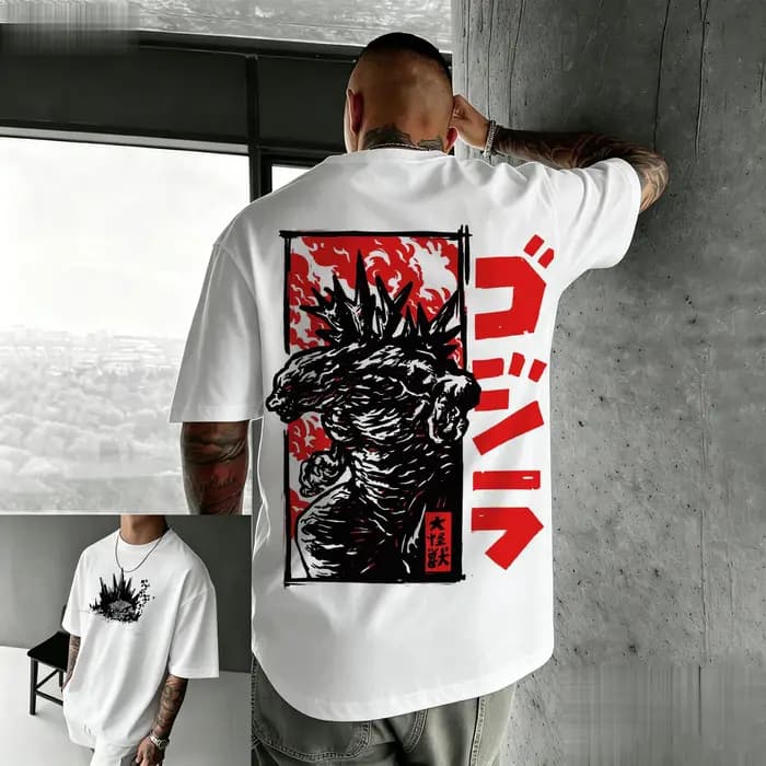 Nouveau t-shirt américain rétro en coton à manches courtes avec imprimé Godzilla