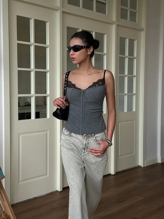 Yedinas Patchwork dentelle Camis sans manches été hauts Streetwear Sexy & Club débardeurs 2000s vêtements Y2k mode coréenne Camisole